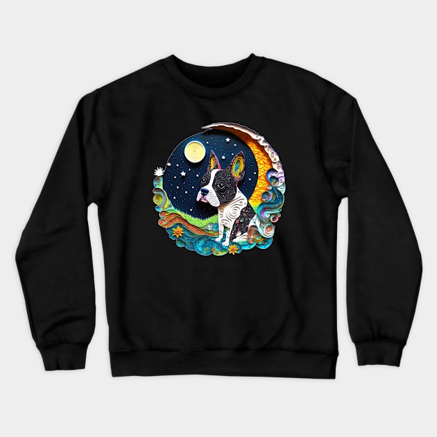 Boston Terrier Dog in Space Crescent Moon Planets Stars Cute Crewneck Sweatshirt by joannejgg